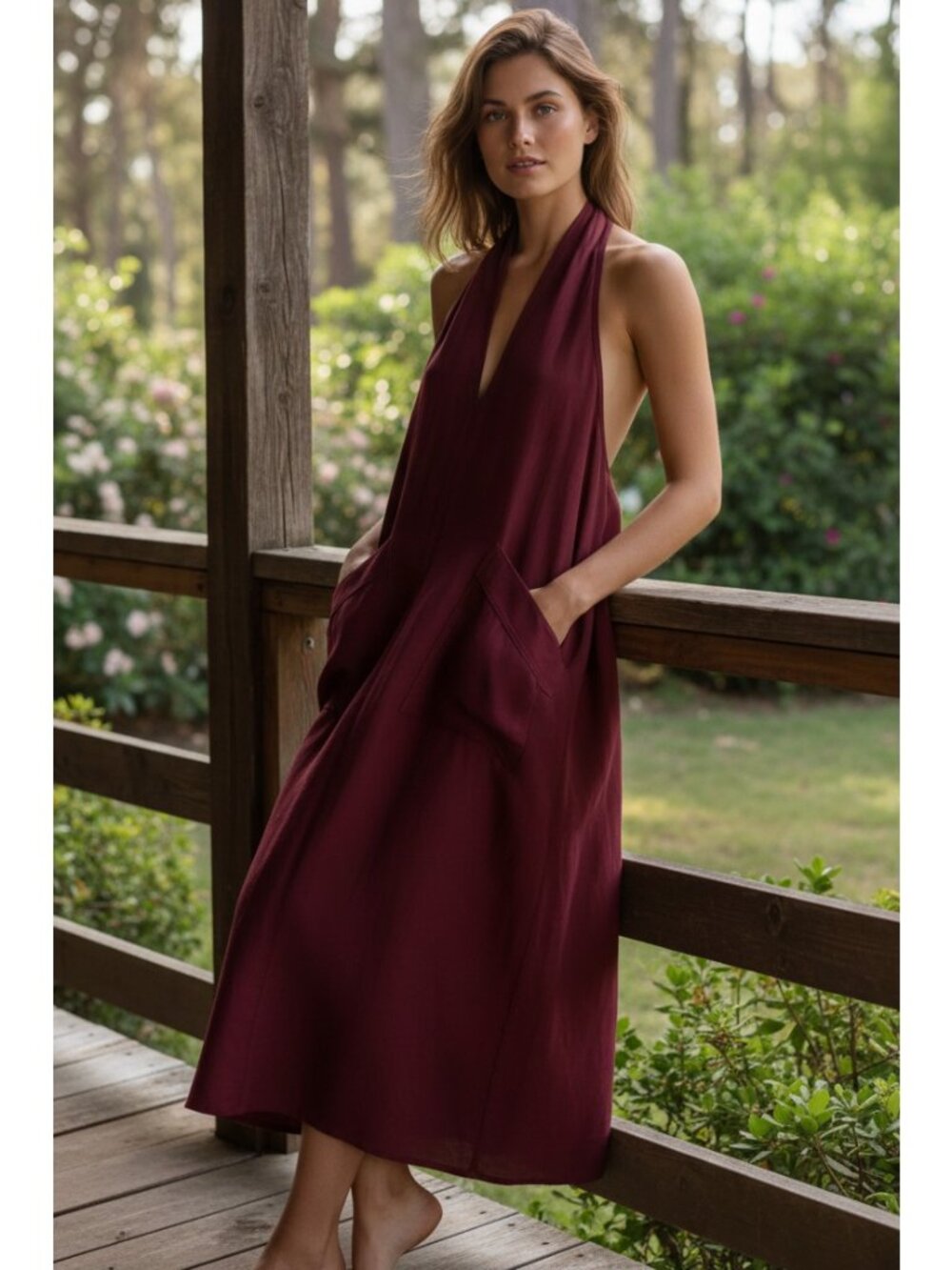 Oversized Baggy Patch Pocket Halter Neck Plunging V-Neck Backless Boho Midi Dres